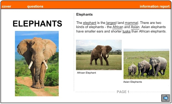 Elephants -Information Report, English skills online, interactive