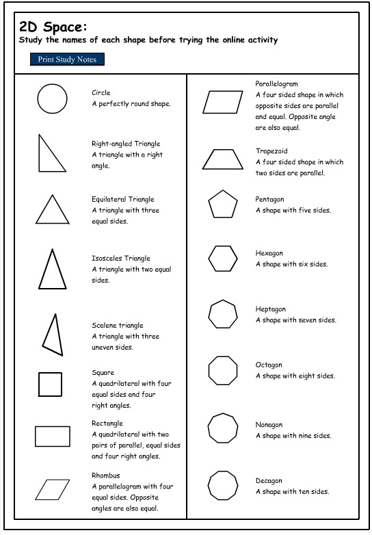 Studying the Names of 2D Shapes, Mathematics skills online, interactive