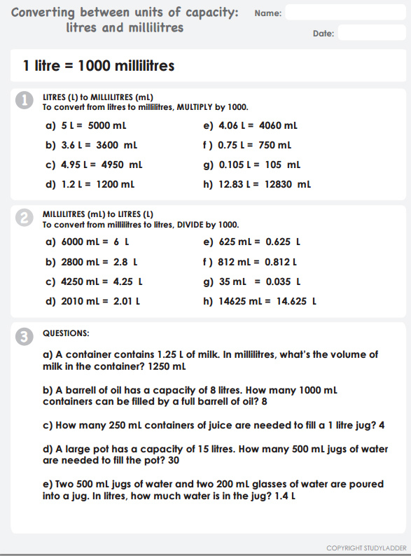Converting between units of volume millilitres and litres ANSWERS