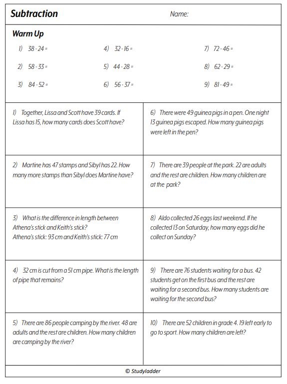 Subtracting two digit numbers (problem solving) - Studyladder