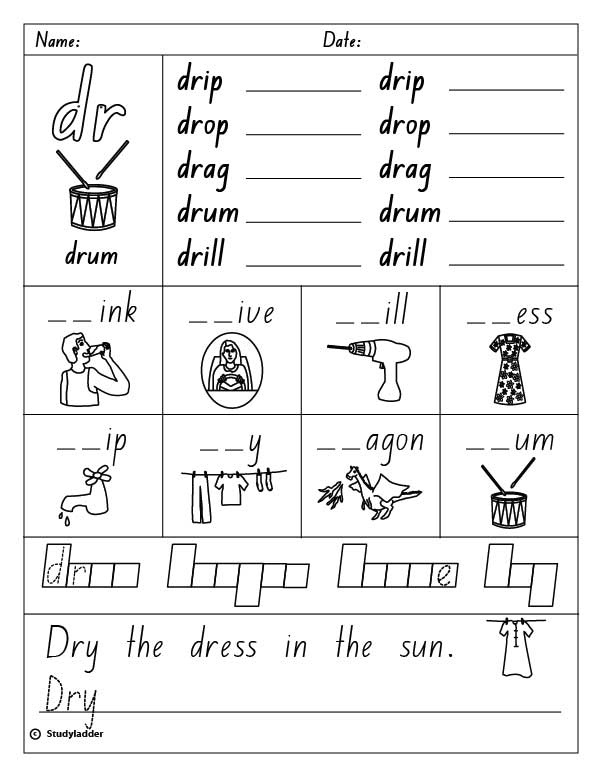 Consonant Blend Dr Worksheets - printable beginning consonant blend