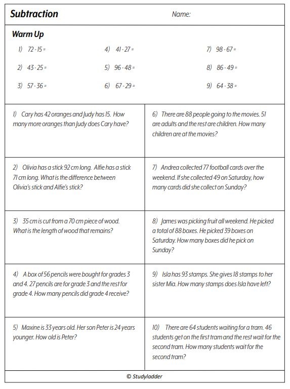 Subtracting two digit numbers (problem solving) - Studyladder