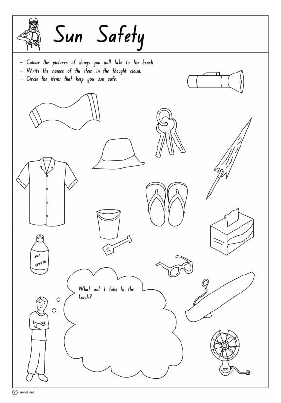 Sun Safety Printable 1, Health, Safety and Citizenship skills online