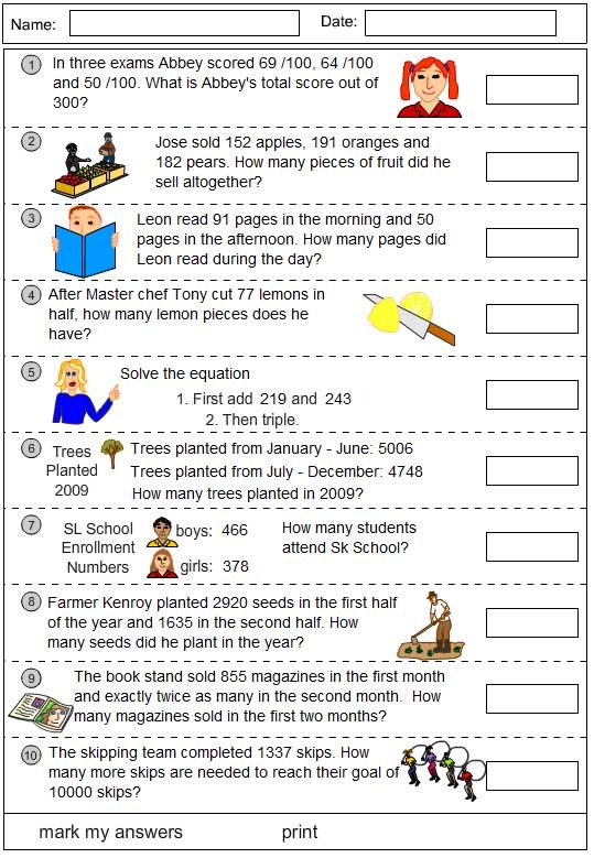 addition problem solving worksheets for grade 4