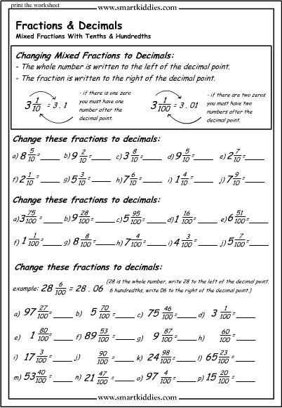 Fractions And Mixed Numbers To Decimals Worksheets