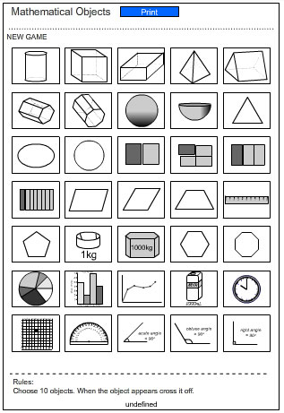 Bingo Game Card - Pictures of Mathematical Objects