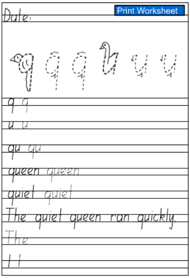 letters q u handwriting practice sheet studyladder interactive learning games