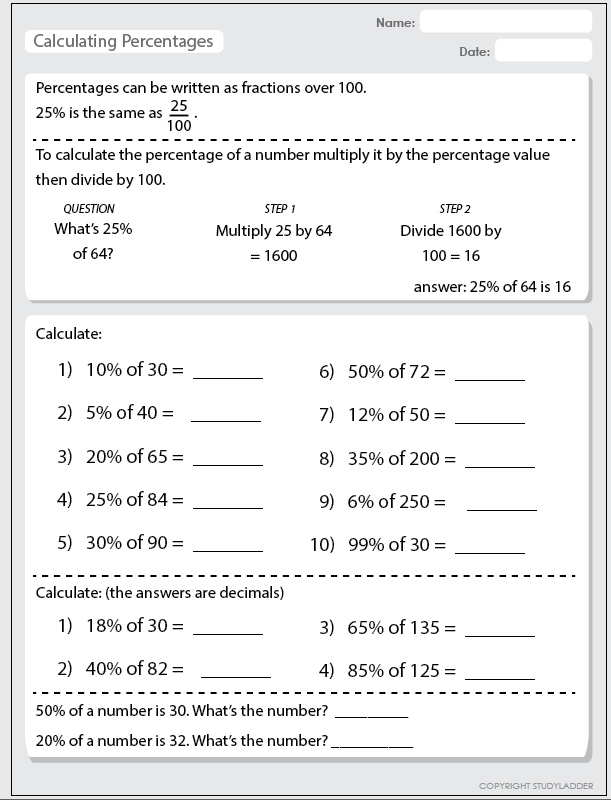 Percentages Of A Number Worksheet