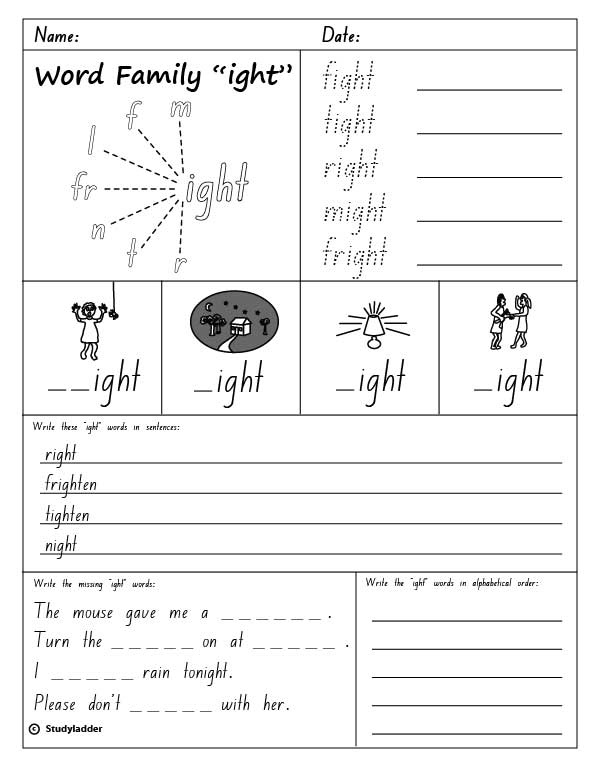 Ight Word Family Worksheets