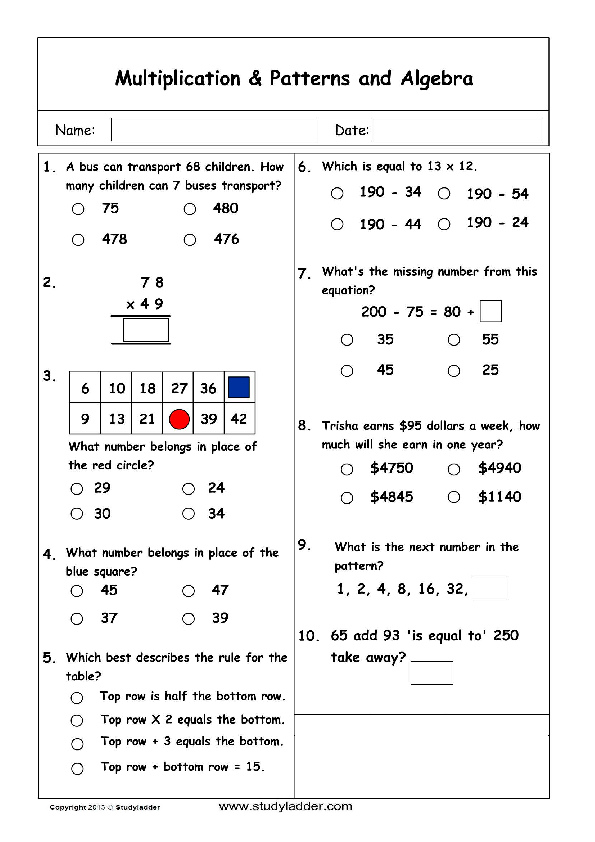 multiplication patterns and algebra studyladder