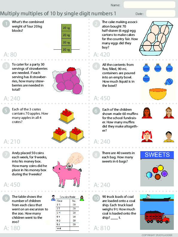 Multiplying By Multiples Of 10 Free Worksheet