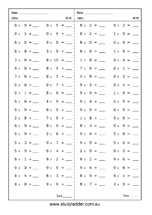 review multiplication worksheet table 9X and Games   8X tables Interactive Learning Studyladder