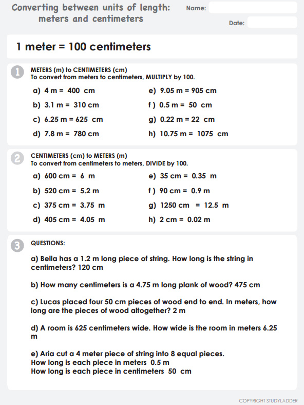 Converting Between Meters And Centimeters ANSWERS