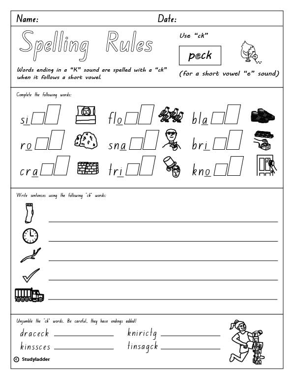 year phonics 3 worksheet 'ck' vowel short Rule: to sound. Spelling after download a Use   Click