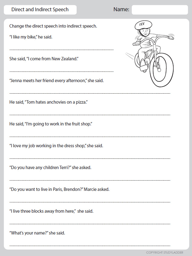 worksheet on direct indirect speech for class 8