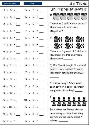 5X tables, Mathematics skills online, interactive activity lessons