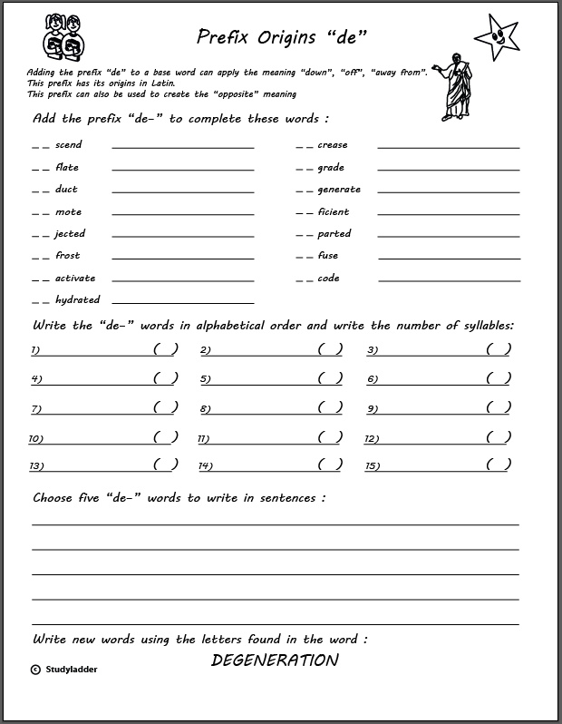 vocabulary worksheet prefix or meaning Studyladder  'de'  opposite Prefix: down