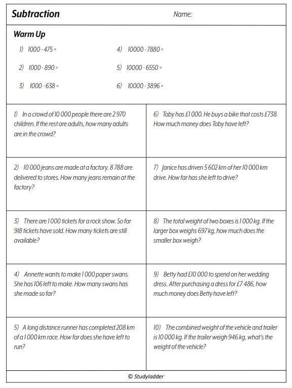 Subtracting from 1000 and 10000 (problem solving) - Studyladder ...