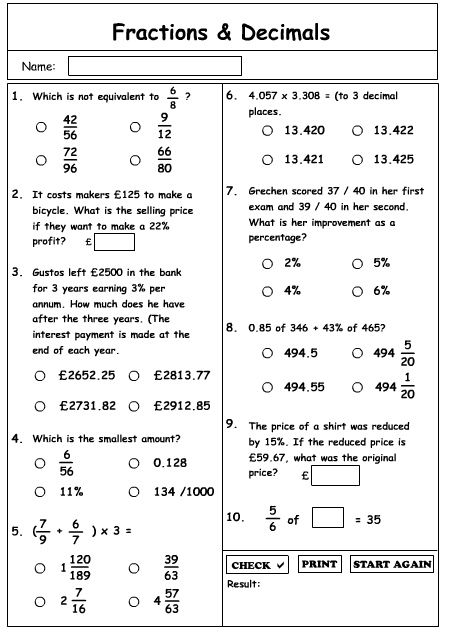 Fractions And Decimals Revision - Studyladder Interactive Learning Games