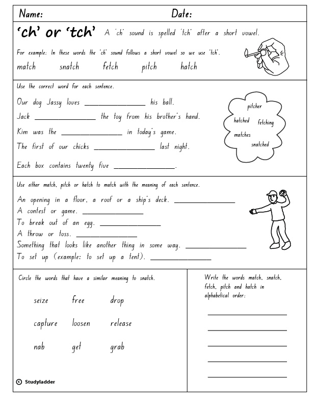 free j worksheets phonics 'tch', activity skills or 'ch' interactive English online, Rule