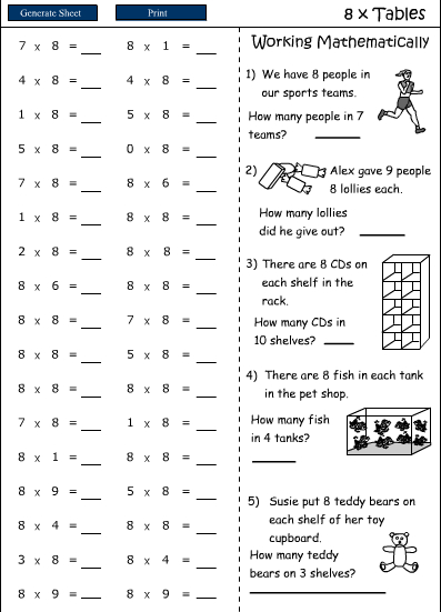 8X tables, Mathematics skills online, interactive activity lessons