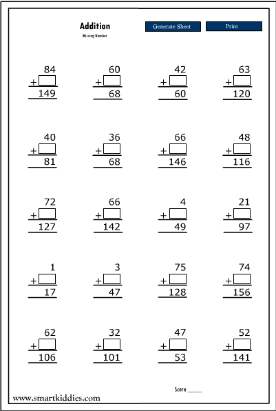 Column Addition And Subtraction Missing Number Worksheets