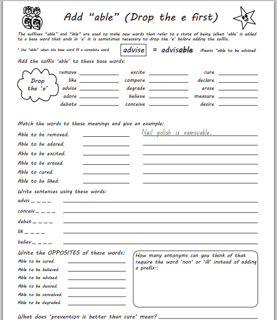 Suffix Rule: Drop 'e' when adding the suffix 'able' - Studyladder