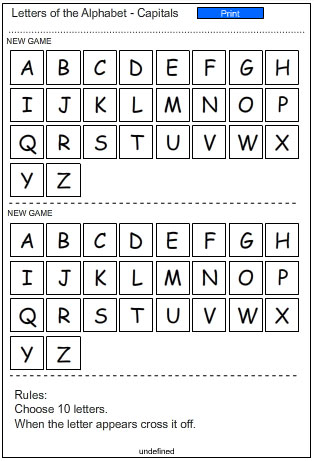 Bingo Game Card: Capital letters