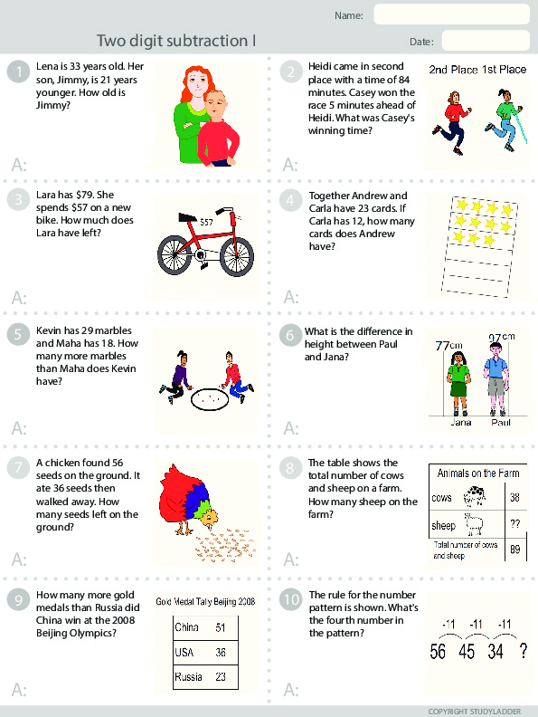 Subtracting two digit numbers (problem solving) - Studyladder