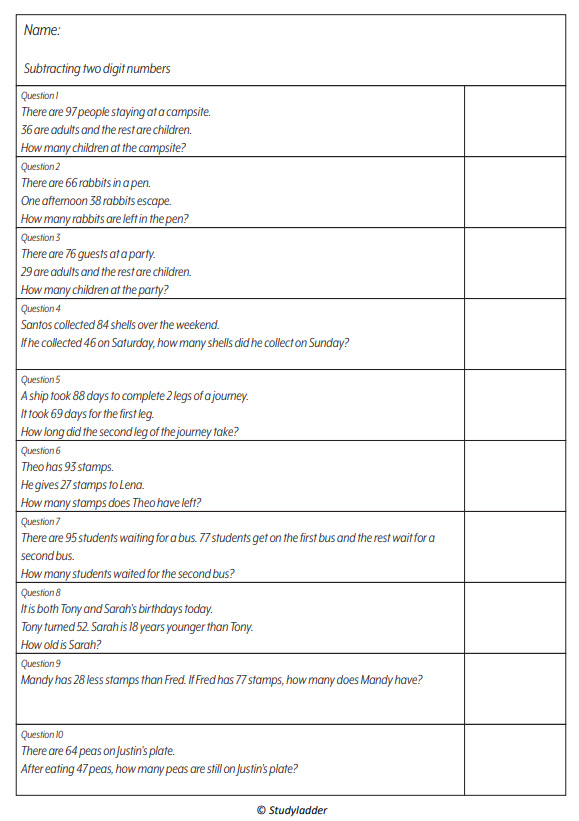 Subtracting two digit numbers (problem solving) - Studyladder