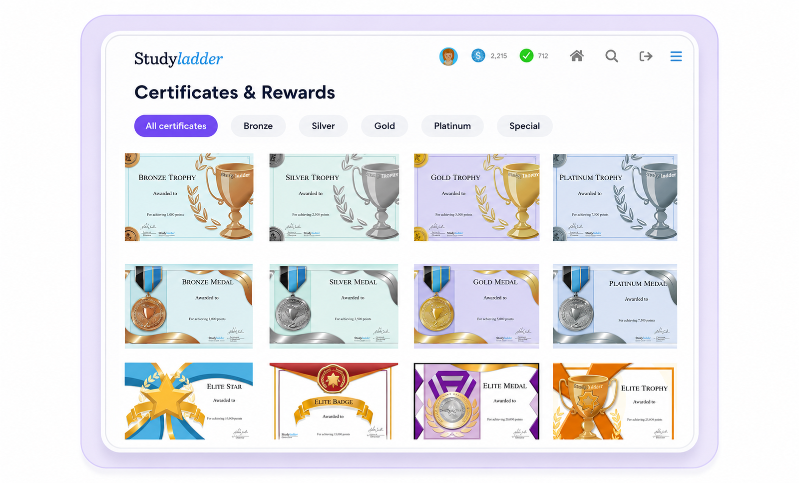 Studyladder activity library and certificate rewards