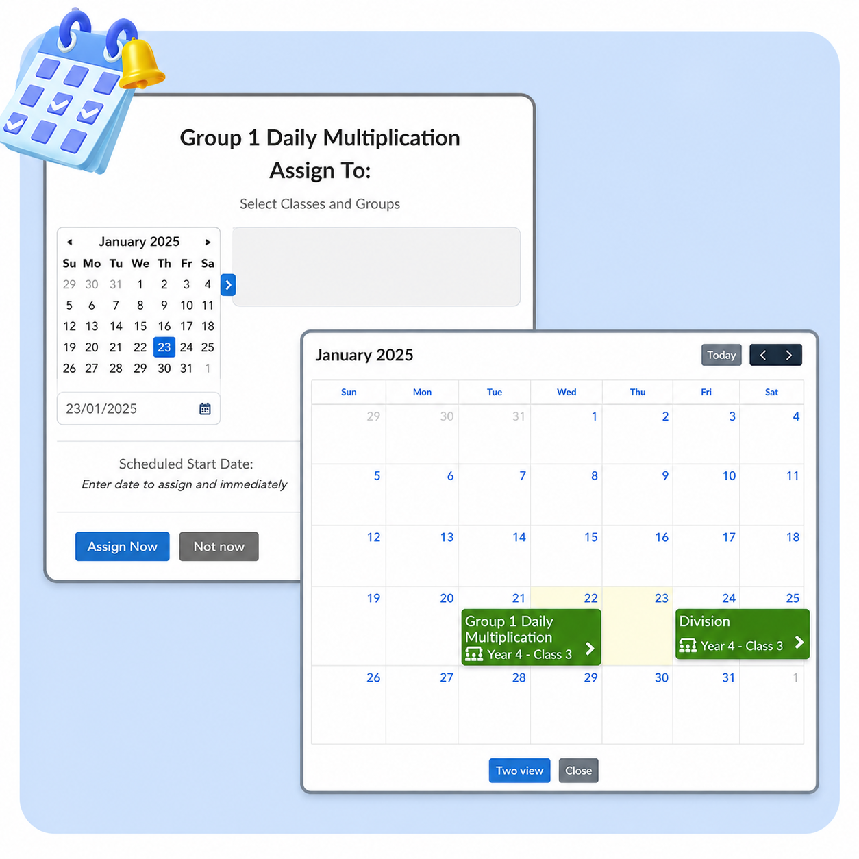 Studyladder lesson planner showing how teachers schedule and assign work across the week